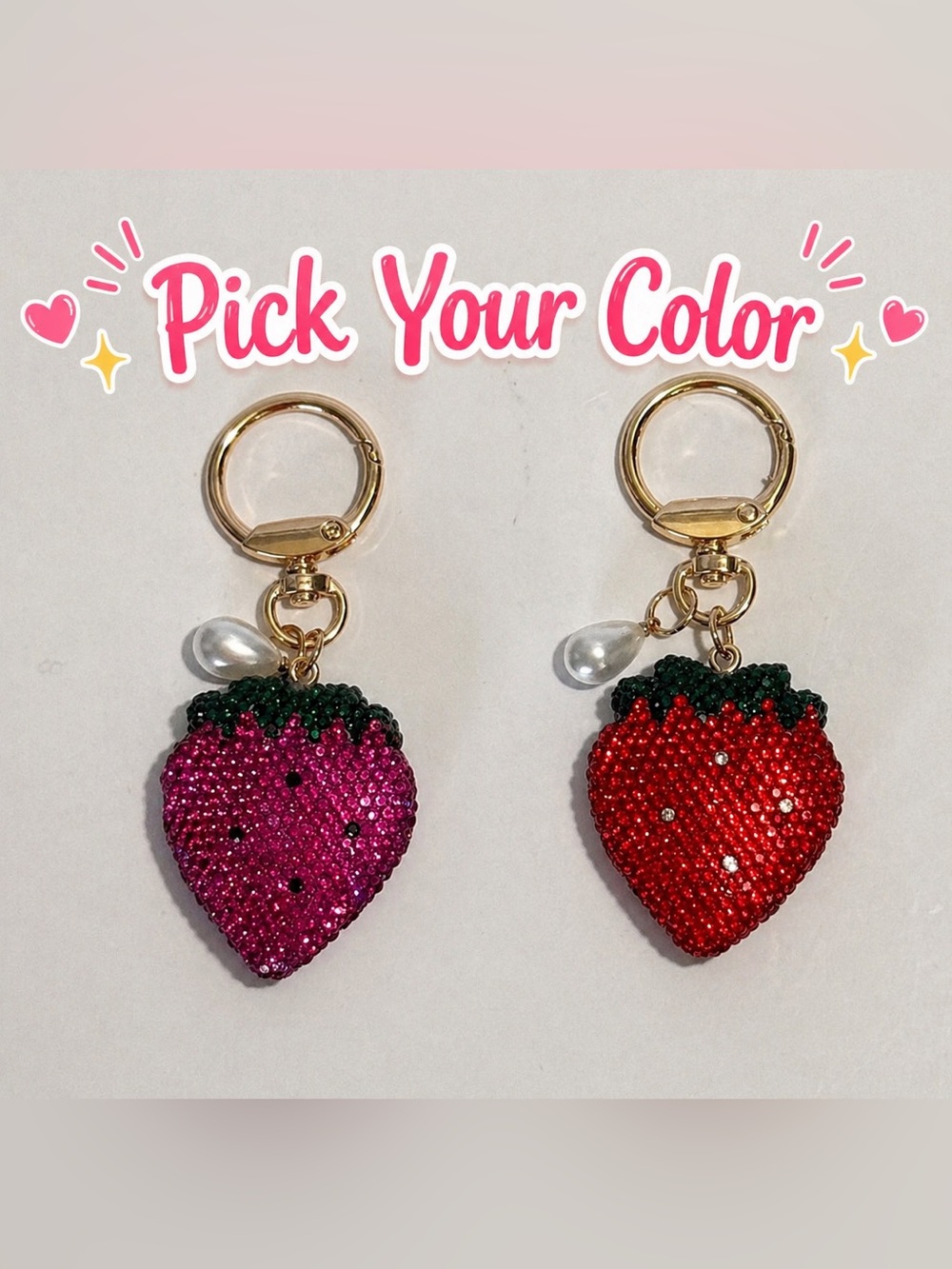 Strawberry Rhinestone Keychain Charm (1) Pink Red Sparkly Fruit 🍓 💫 2 for $25 - Picture 1 of 4
